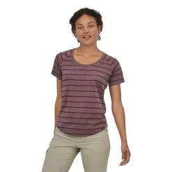 Patagonia Capilene Cool Trail Shirt - Women's -Outdoor Clothing Shop 1036006301 Patagonia CapileneCoolTrailShirt FurrowStripeDuskyBrown Wmns Front